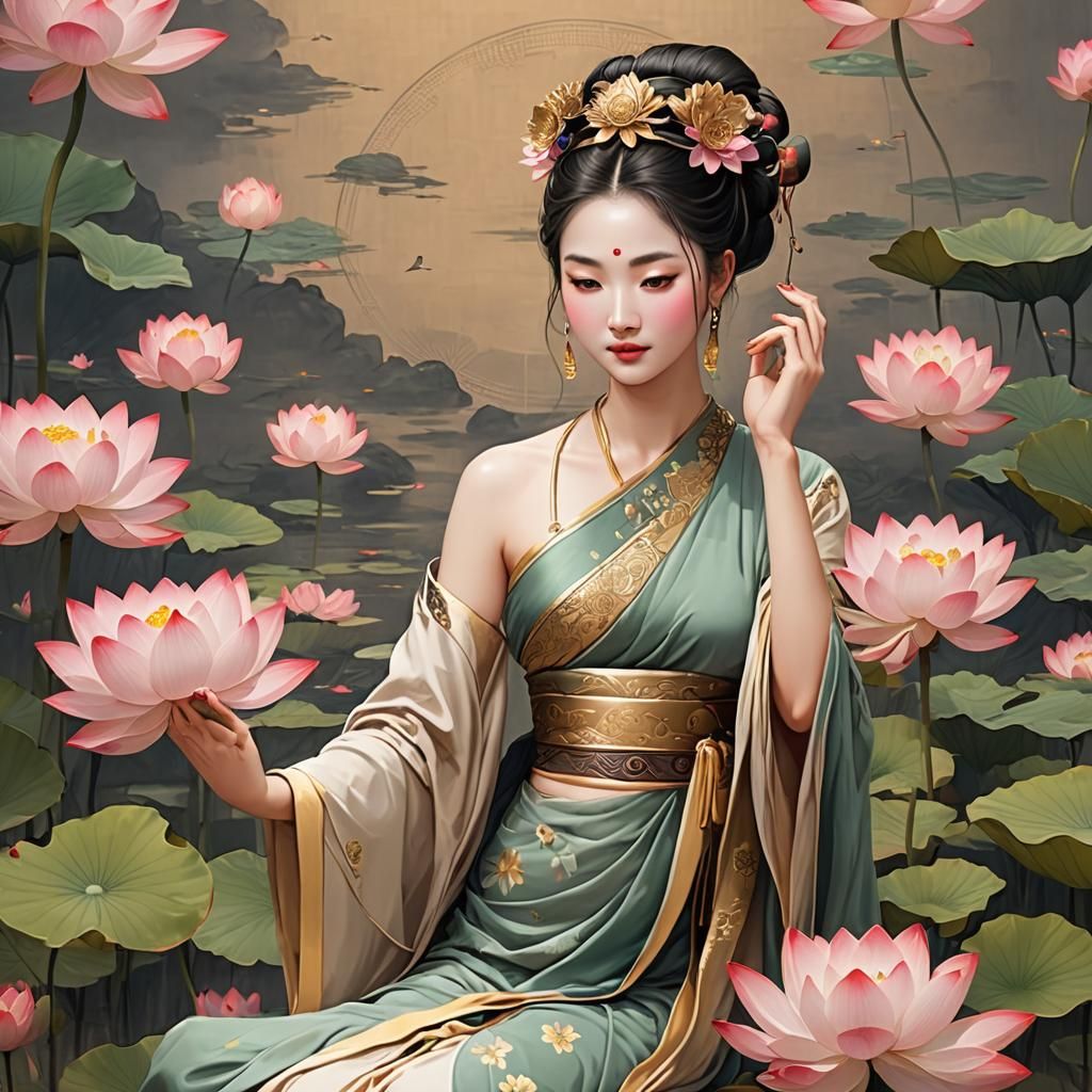 Lotus Woman with Golden Dragon Fan in 3D Anime Art
