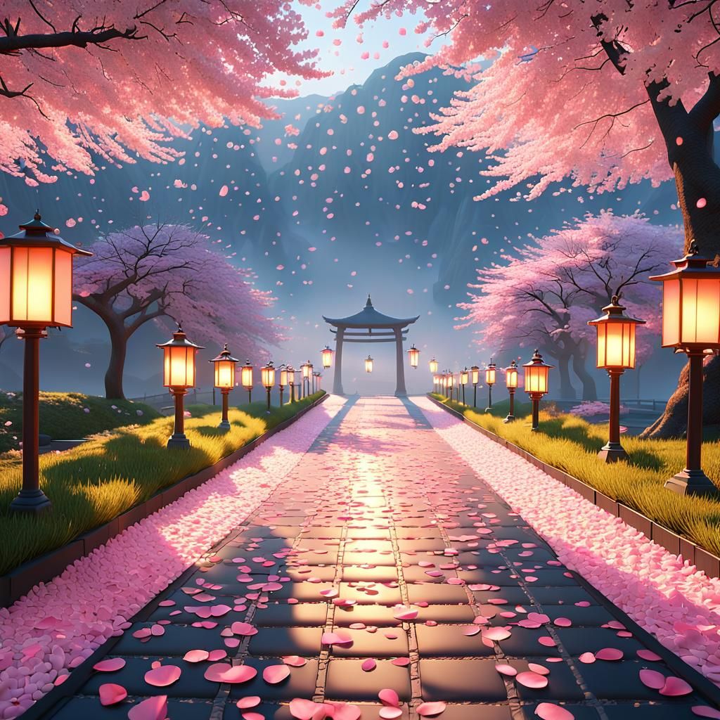 Lantern Path in Surreal Spring Anime Landscape