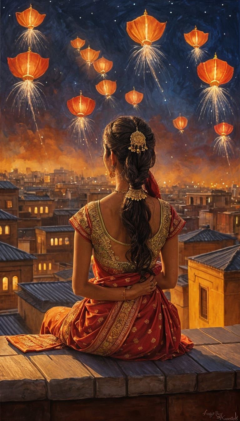 Diwali Rooftop Scene in James Gurney Style