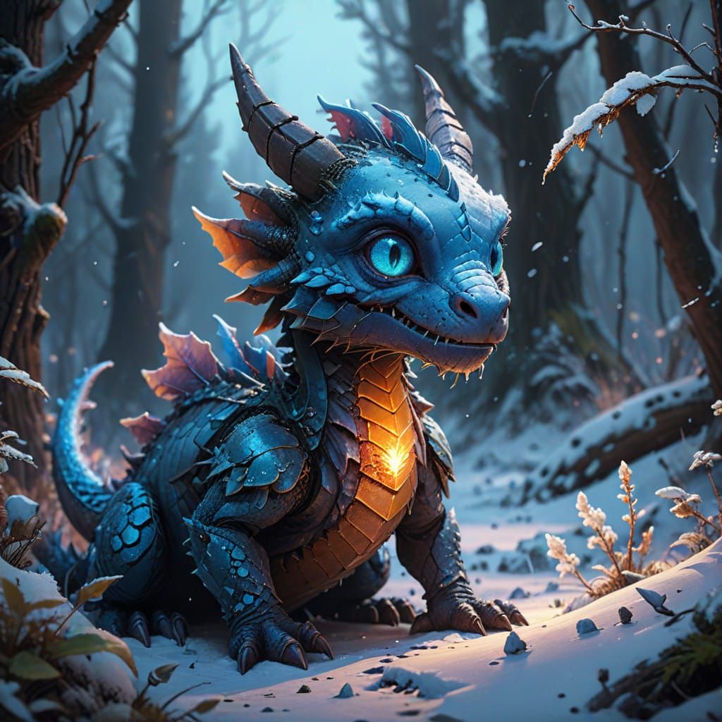 Frozen Wilderness Scene with Sparkling Blue-Eyed Baby Dragon