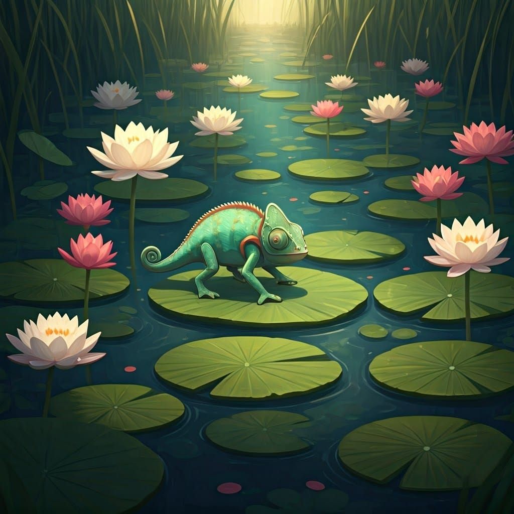 Kawaii Chameleon's Lotus Pond Adventure in Anime Style