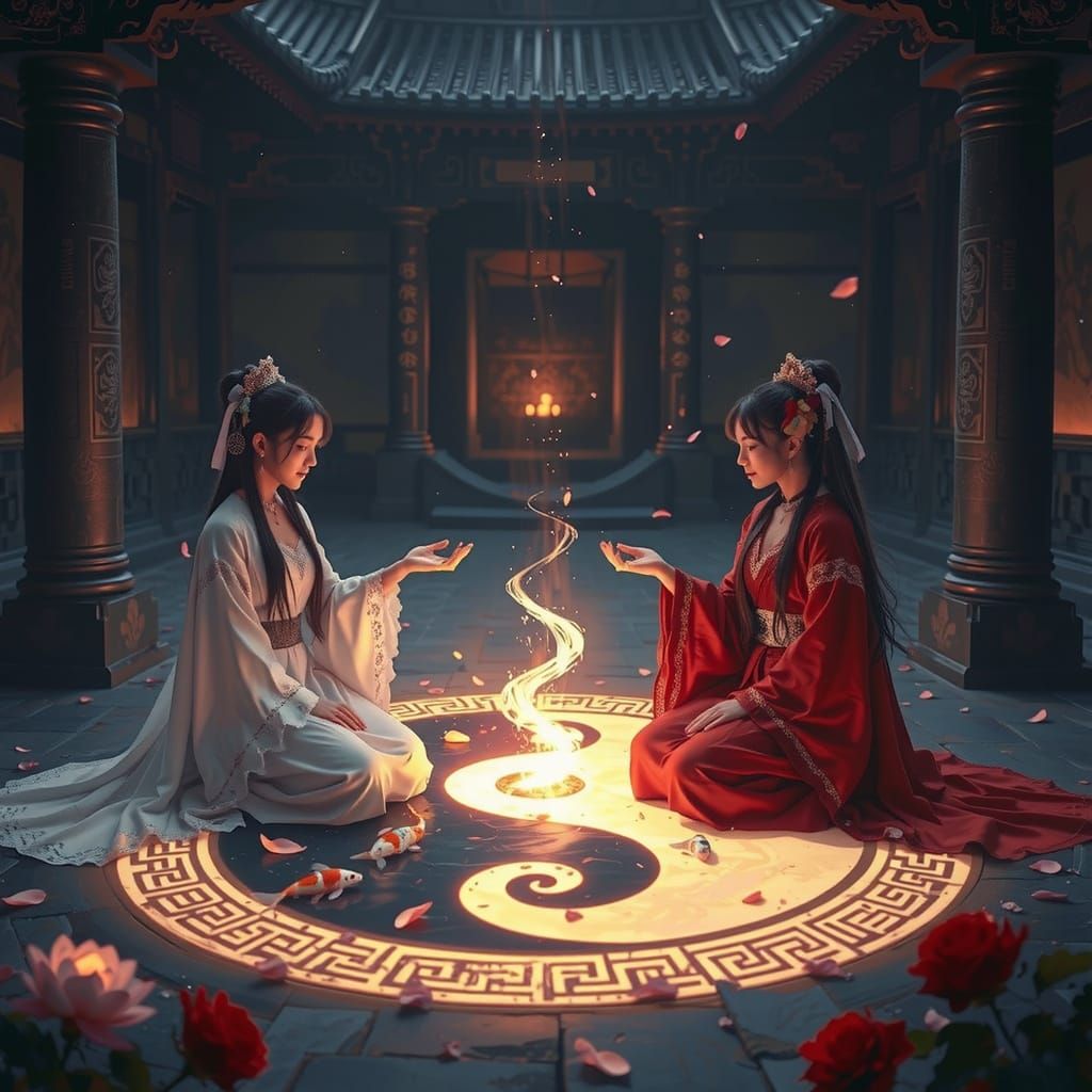 Priestesses at Yin-Yang Altar in Anime Style