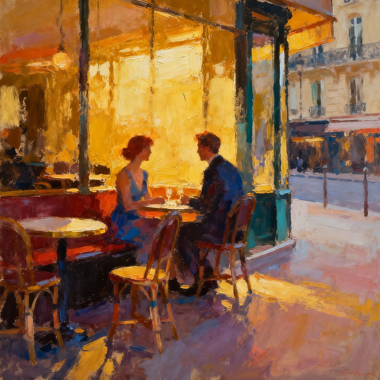 Paris Cafe Couple in Soft Abstract Expressionist Style