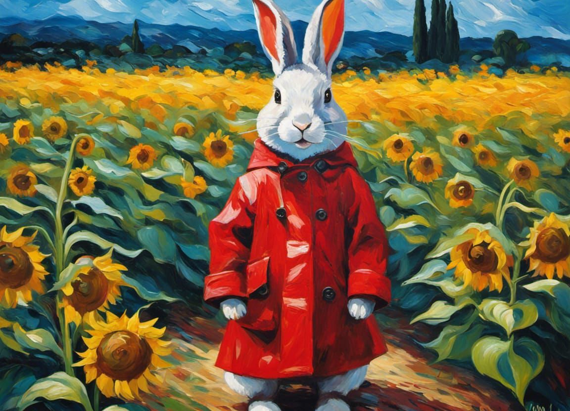 Rabbit in Sunflower Field: Impressionist Oil Painting