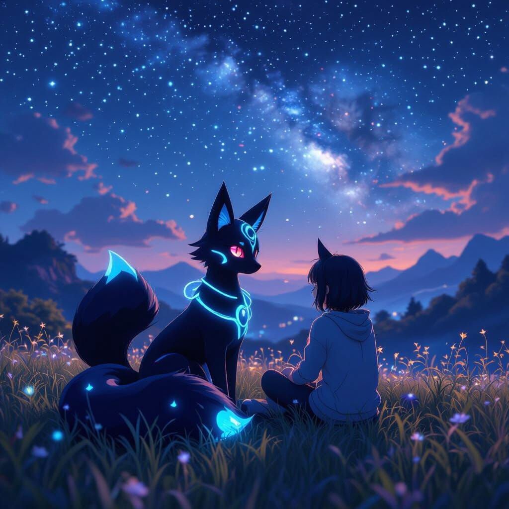 Umbreon and Person Under Starry Night Sky