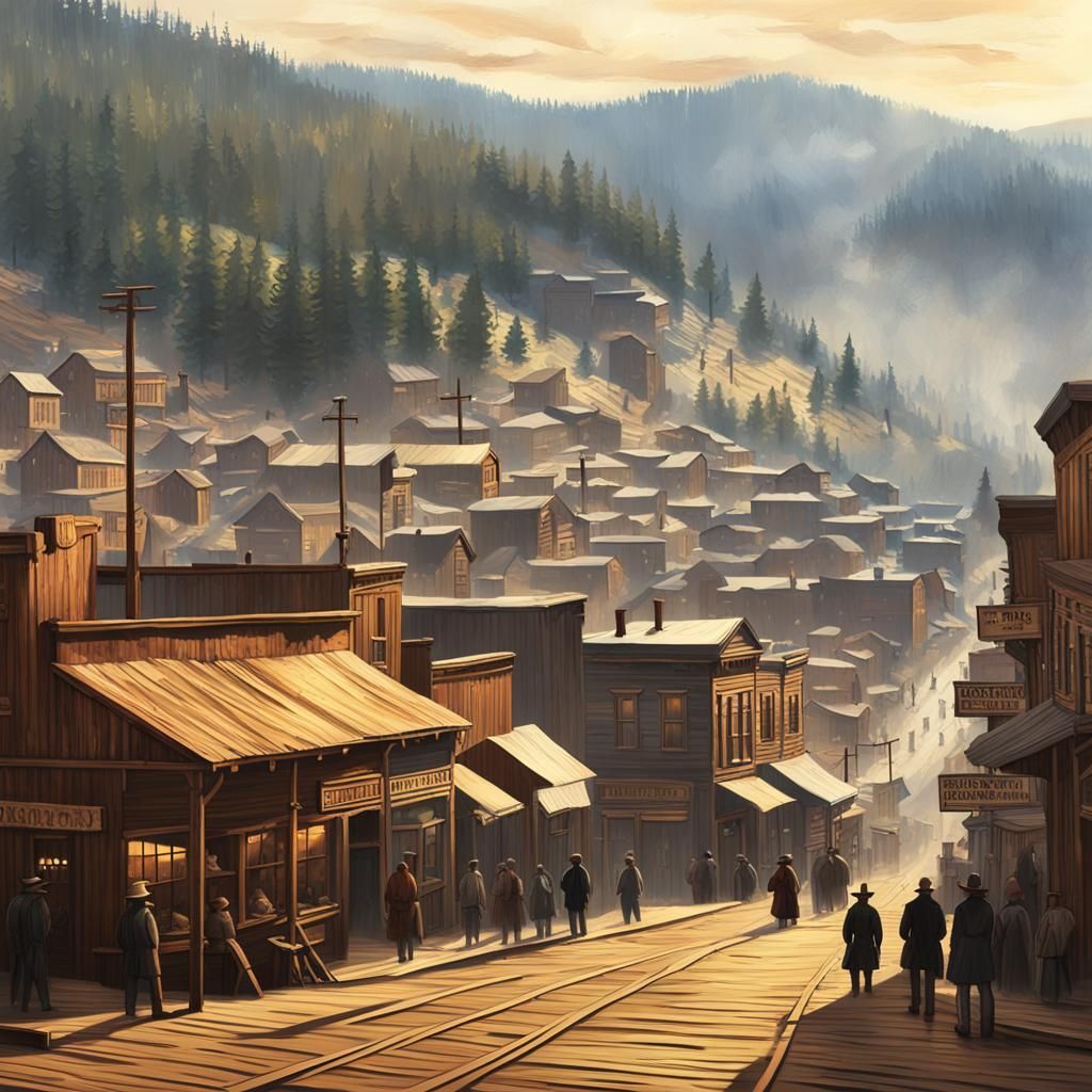 Deadwood Gold Rush Cityscape in Neo-Primitivism Style