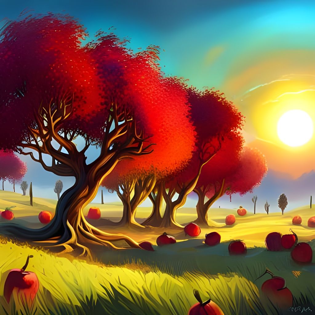 Lush Orchard Scene in Electric Colors