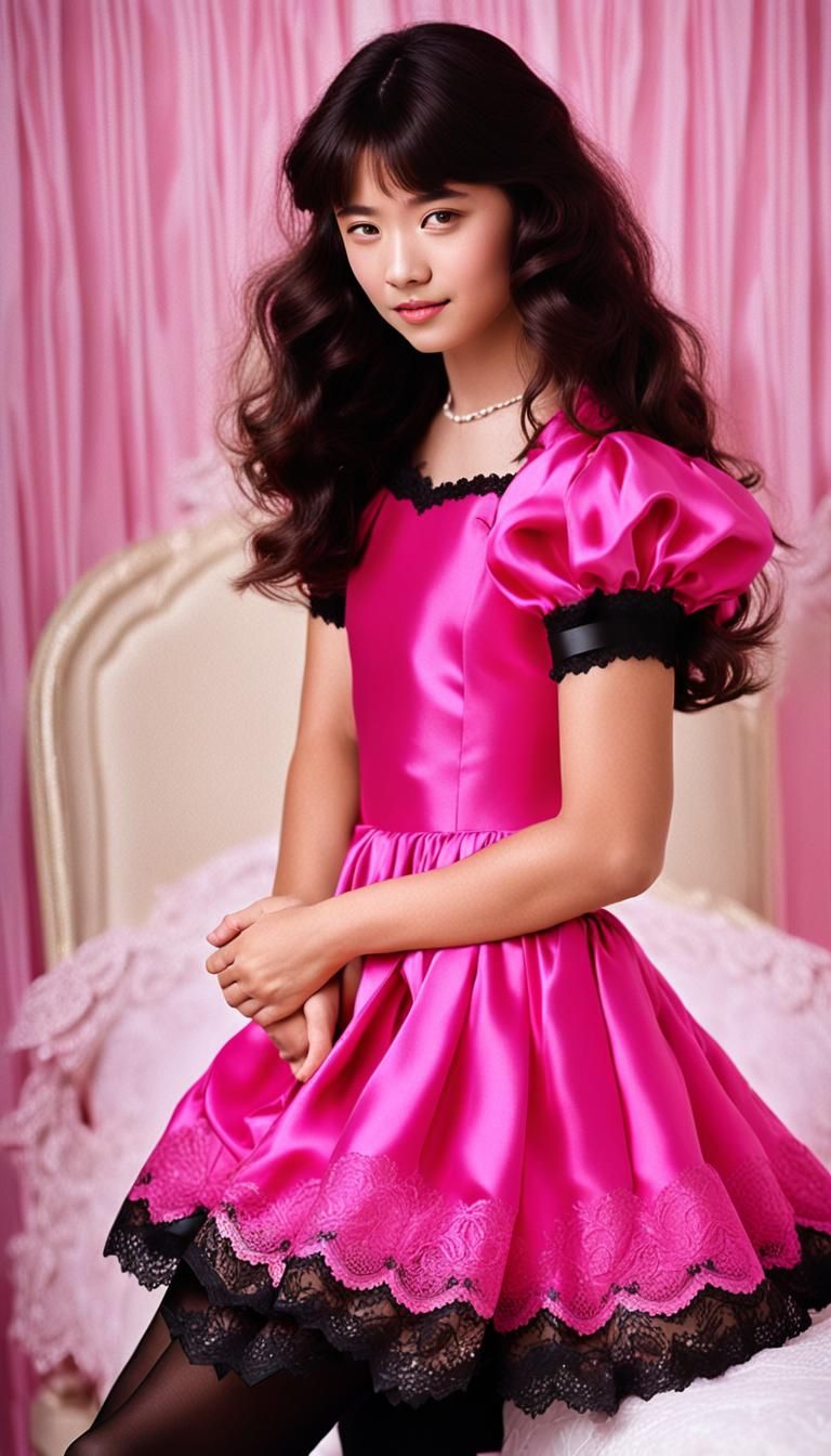 Shy Girl in Pink Dress, Hyperrealistic Image