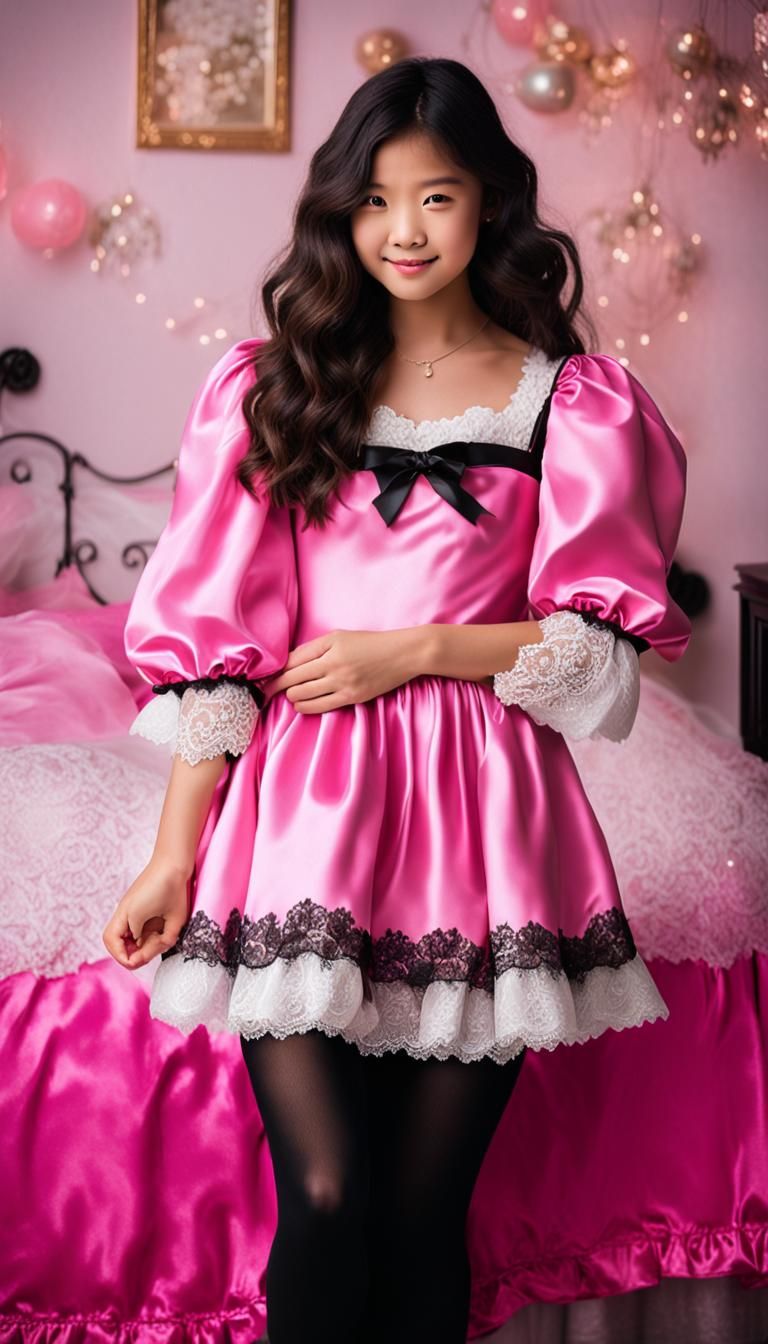 Shy Girl in Pink Dress, Hyperrealistic Image