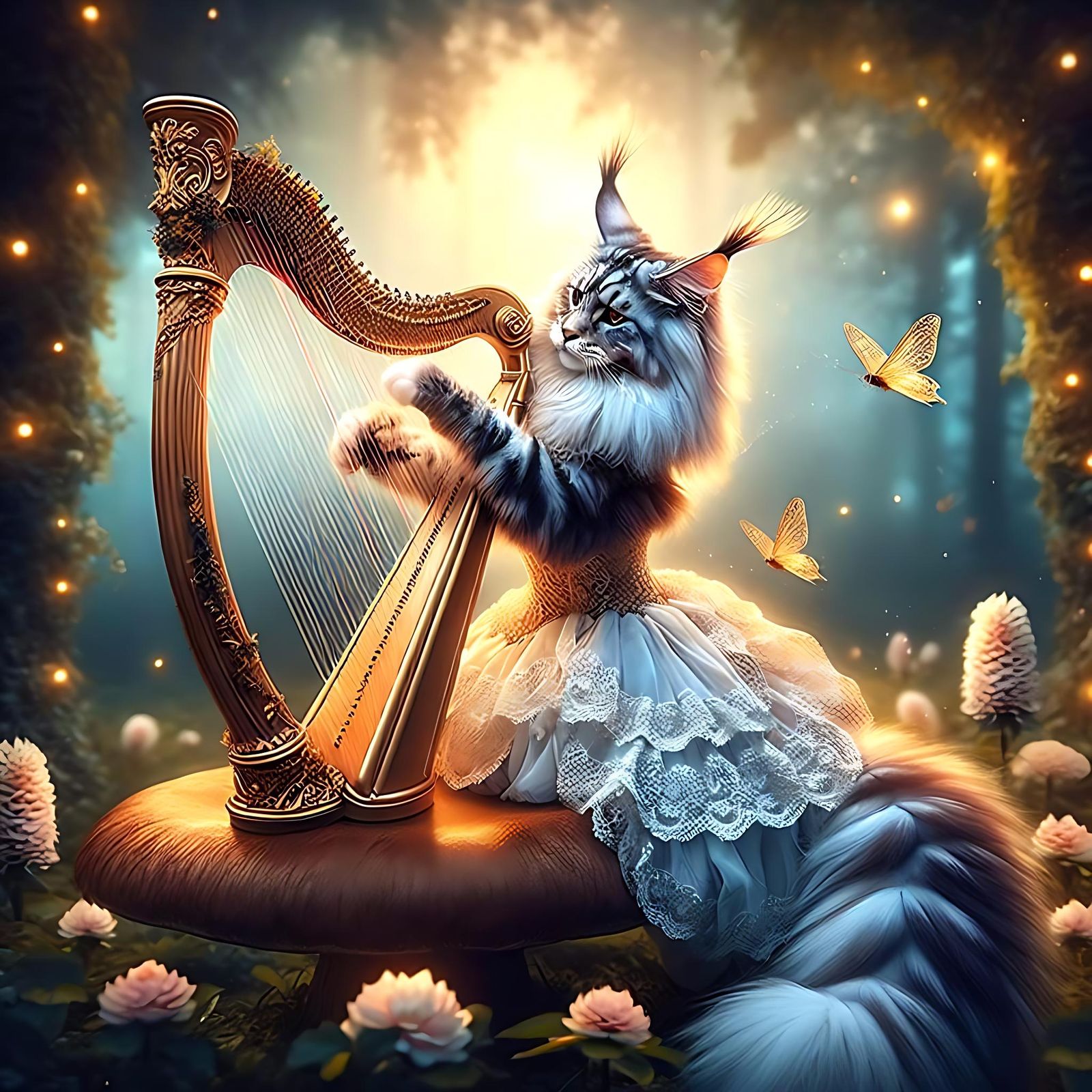 Maine coone cat playing harp