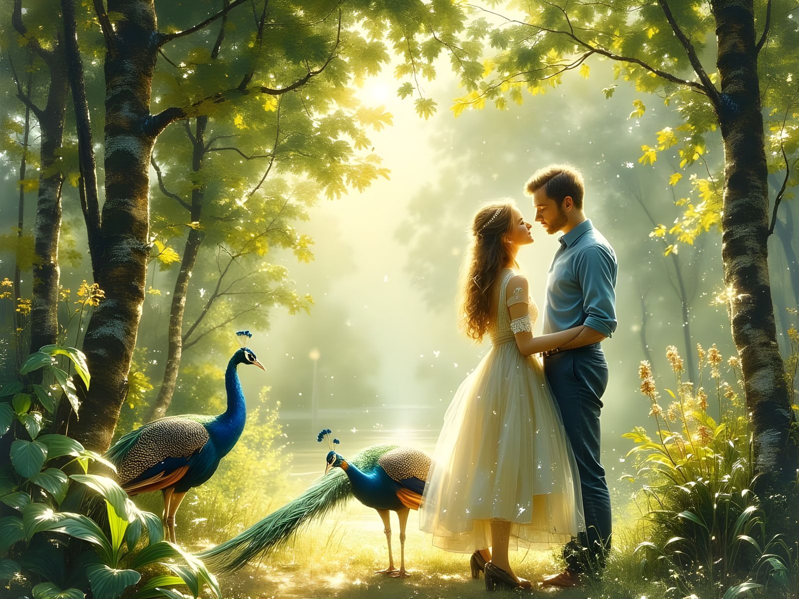 Romantic Couple in Lush Garden: Mixed Media Nostalgia