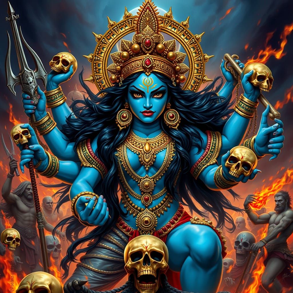 Powerful, vibrant depiction of Hindu goddess Durga,  fierce ...