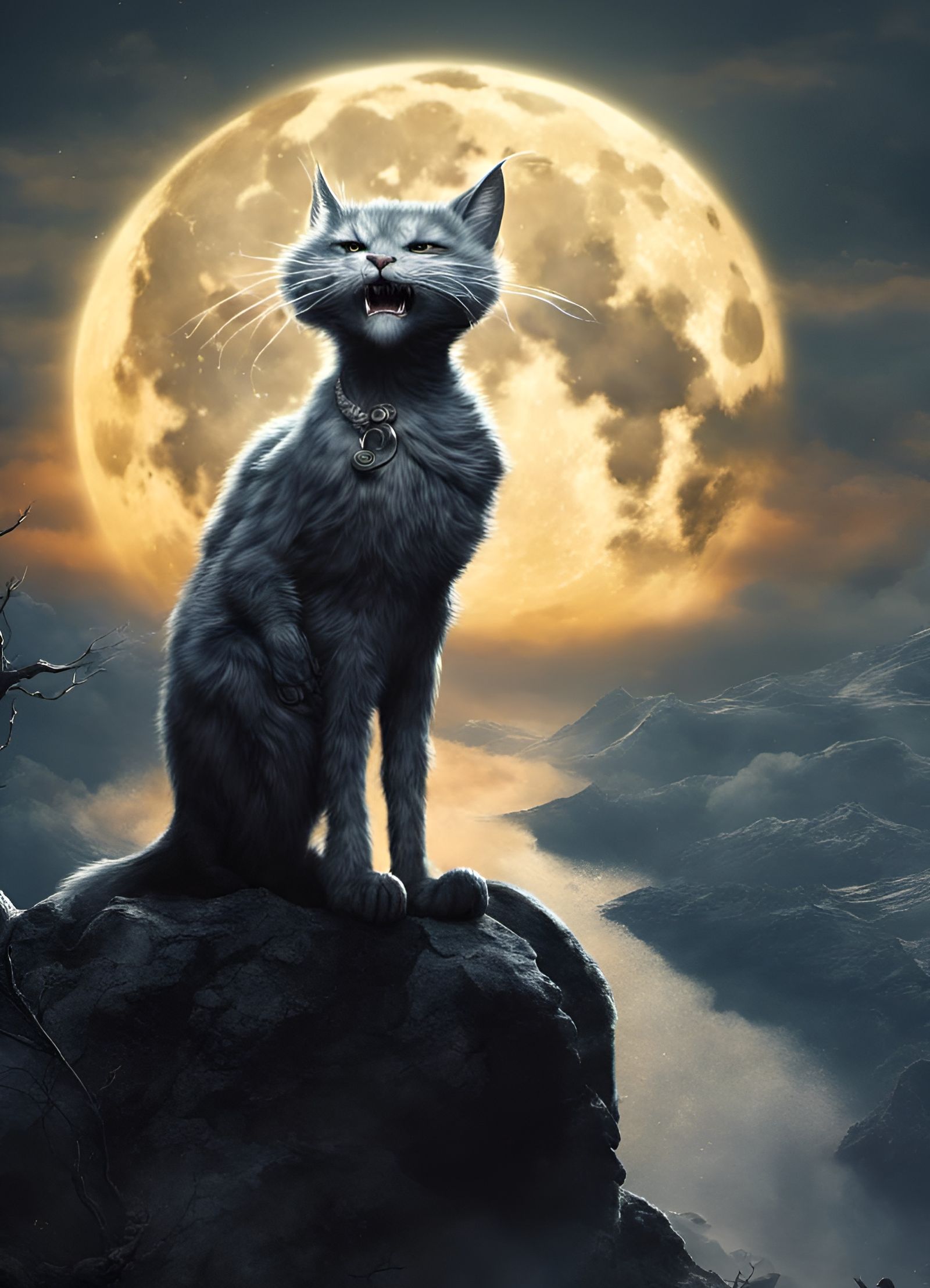 Werecat meowing to the full moon.