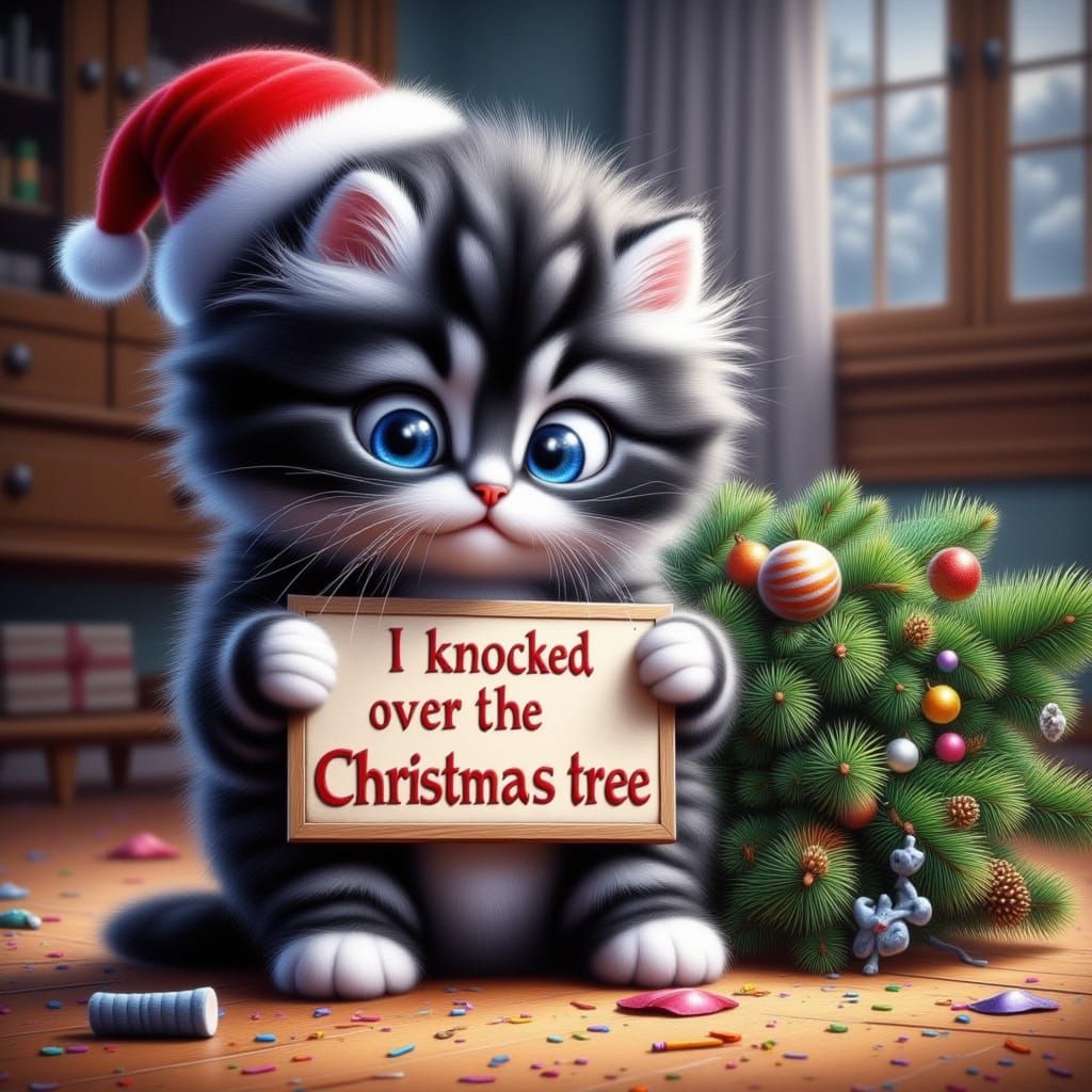 Mischievous Kitten Mugshot with Toppled Christmas Tree