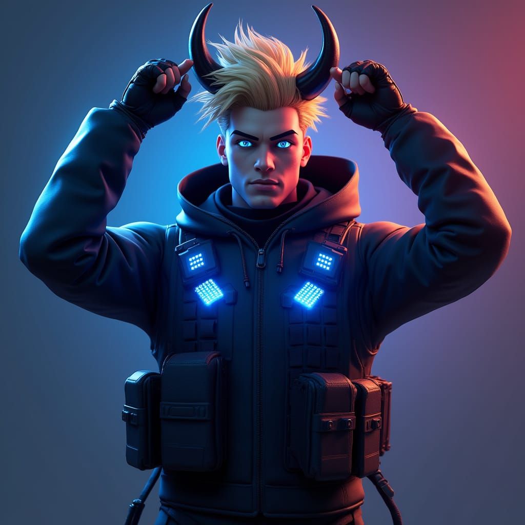 Gamer Soldier in Neon Tactical Gear Throws Up the Horns