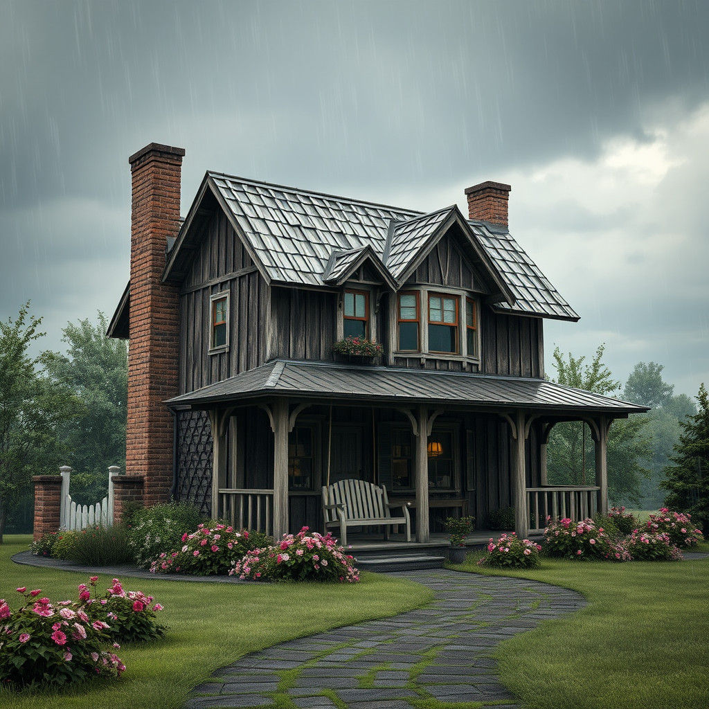 Charming Wooden House on Rainy Day: Matte Painting