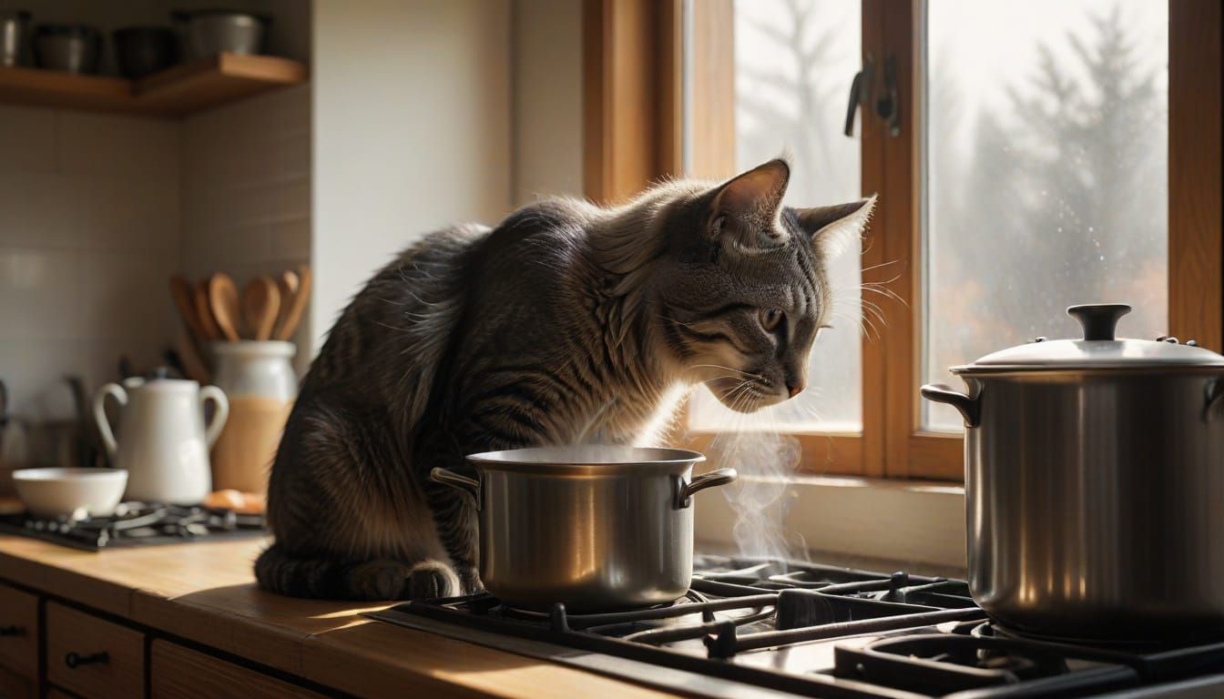 Charcoal Drawing of Cat Tasting Stew in Warm Kitchen