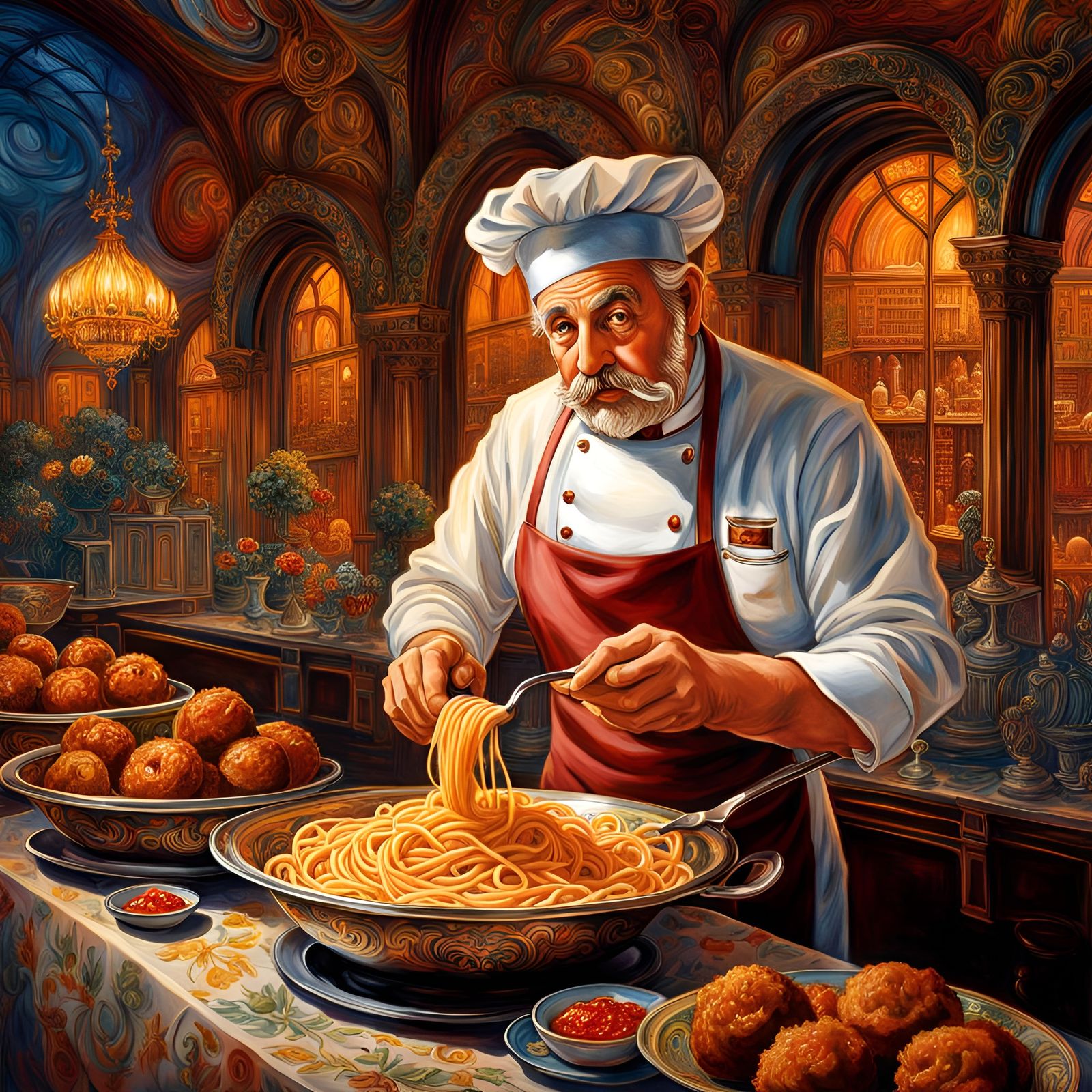 Gourmet Spaghetti in Art Nouveau Restaurant, Film Noir