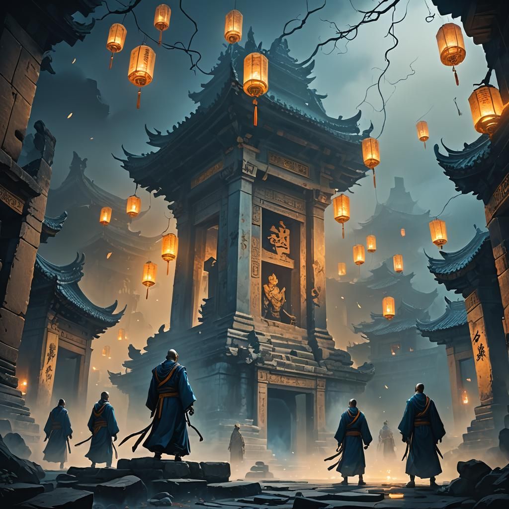 Ethereal Shaolin Monks in Haunted Temple Concept Art