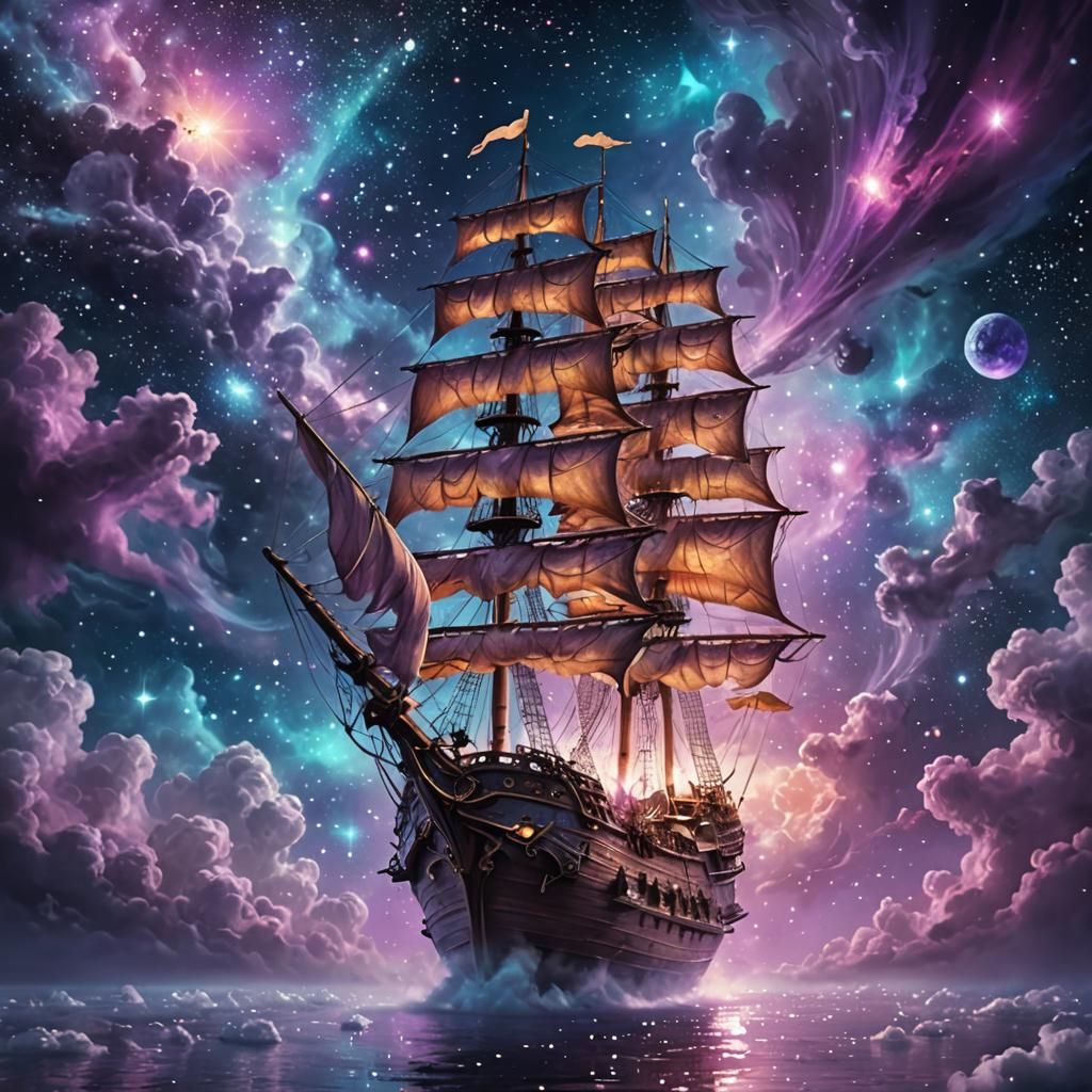 Ethereal Sky Ship Descending into Nebula: Surrealism