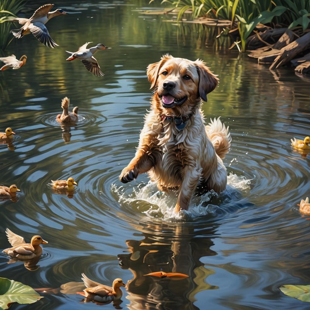 Dog and Duck Play in Impressionistic Splash Art
