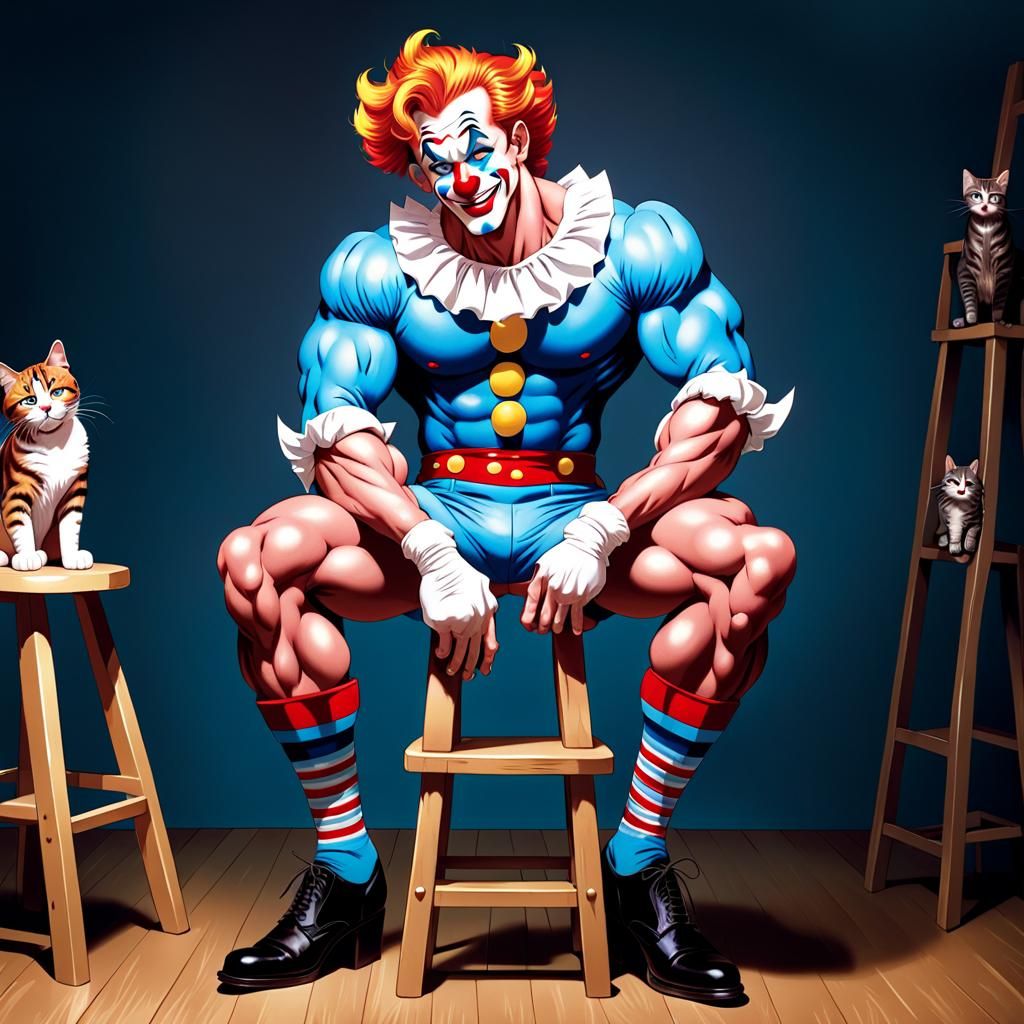 Muscular Clown with Cat in Manga Style