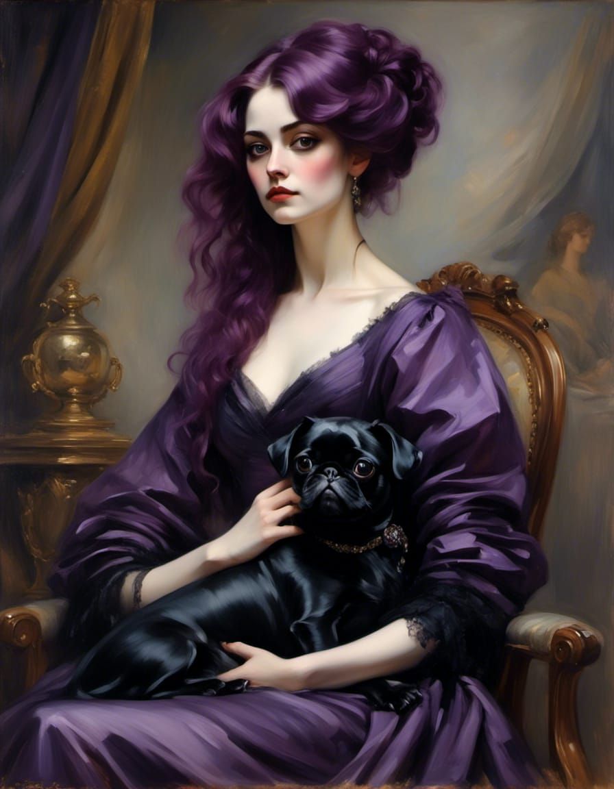 Victorian Lady with Purple Hair and Black Pug Portrait