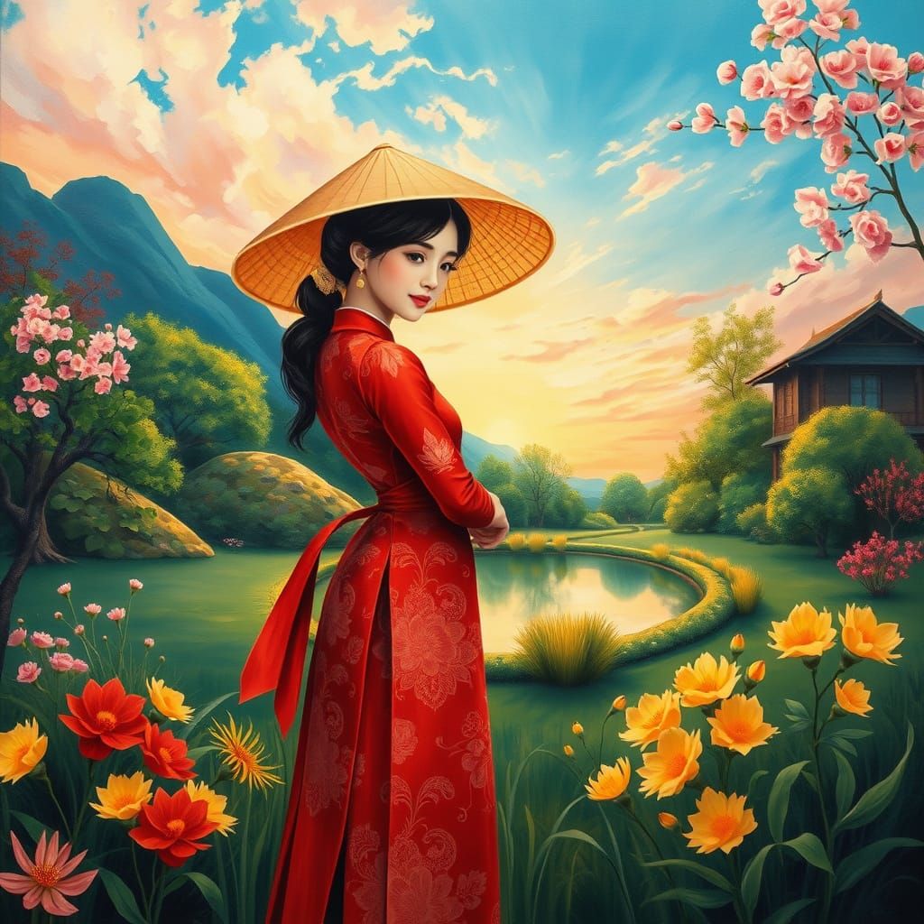 Whimsical Vietnamese Girl in Springtime Oasis