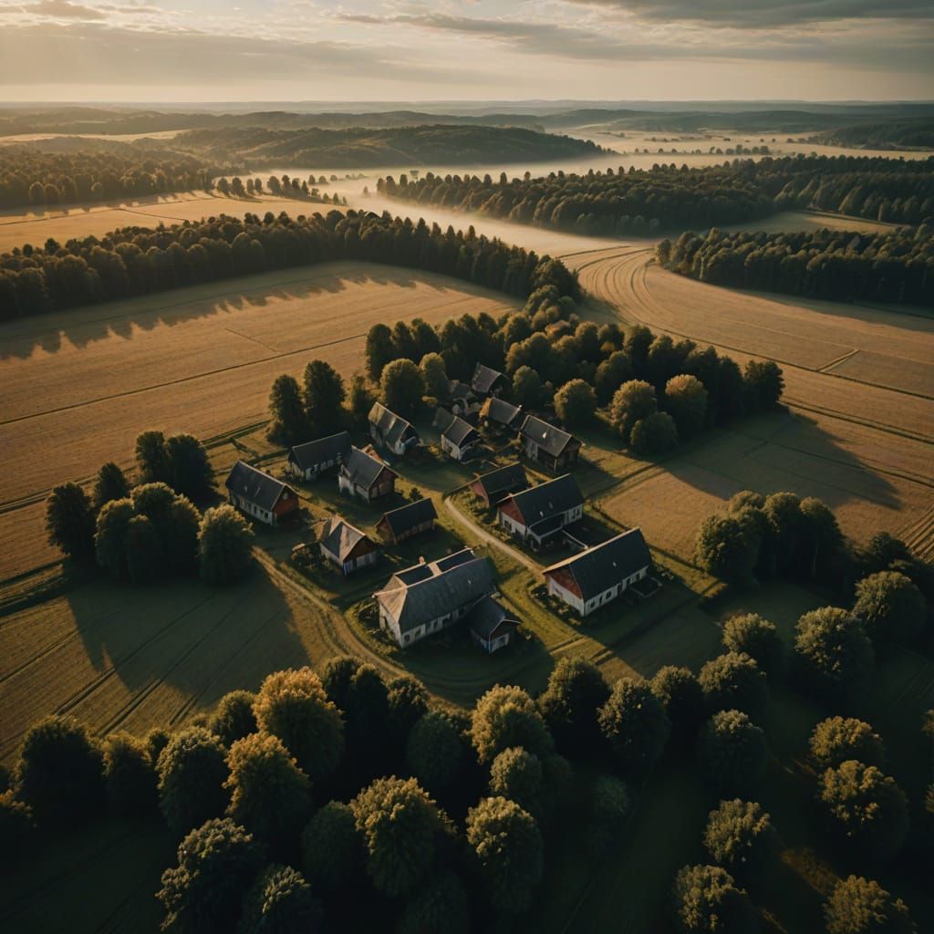 Aerial View of Village at Golden Hour