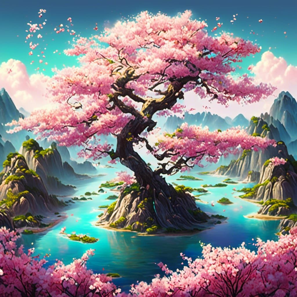 Japanese Cherry Blossom Tree with Island Scenery