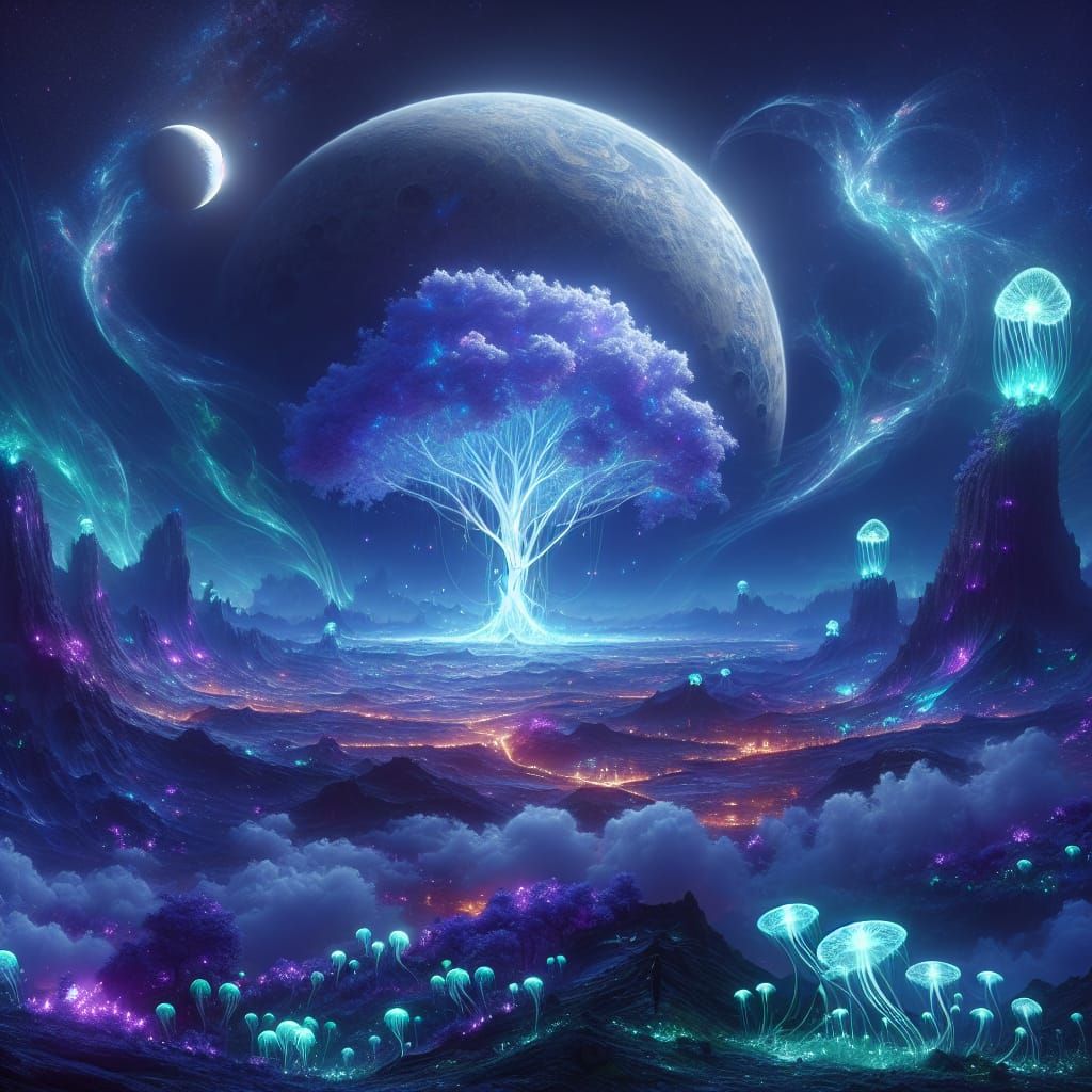 Luminescent Alien Planet with Giant Glowing Tree