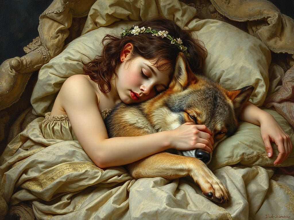 Girl Sleeping with Wolf in a Dreamlike Scene