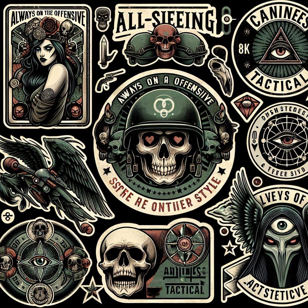 Vintage Military Streetwear Stickers in Tattoo Style