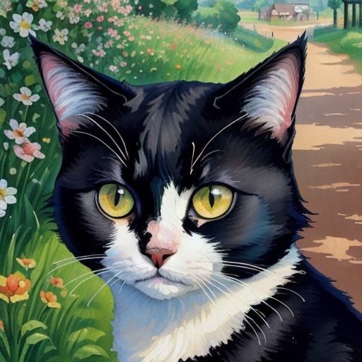 Farm Cat Gouache Painting in Impressionist Style