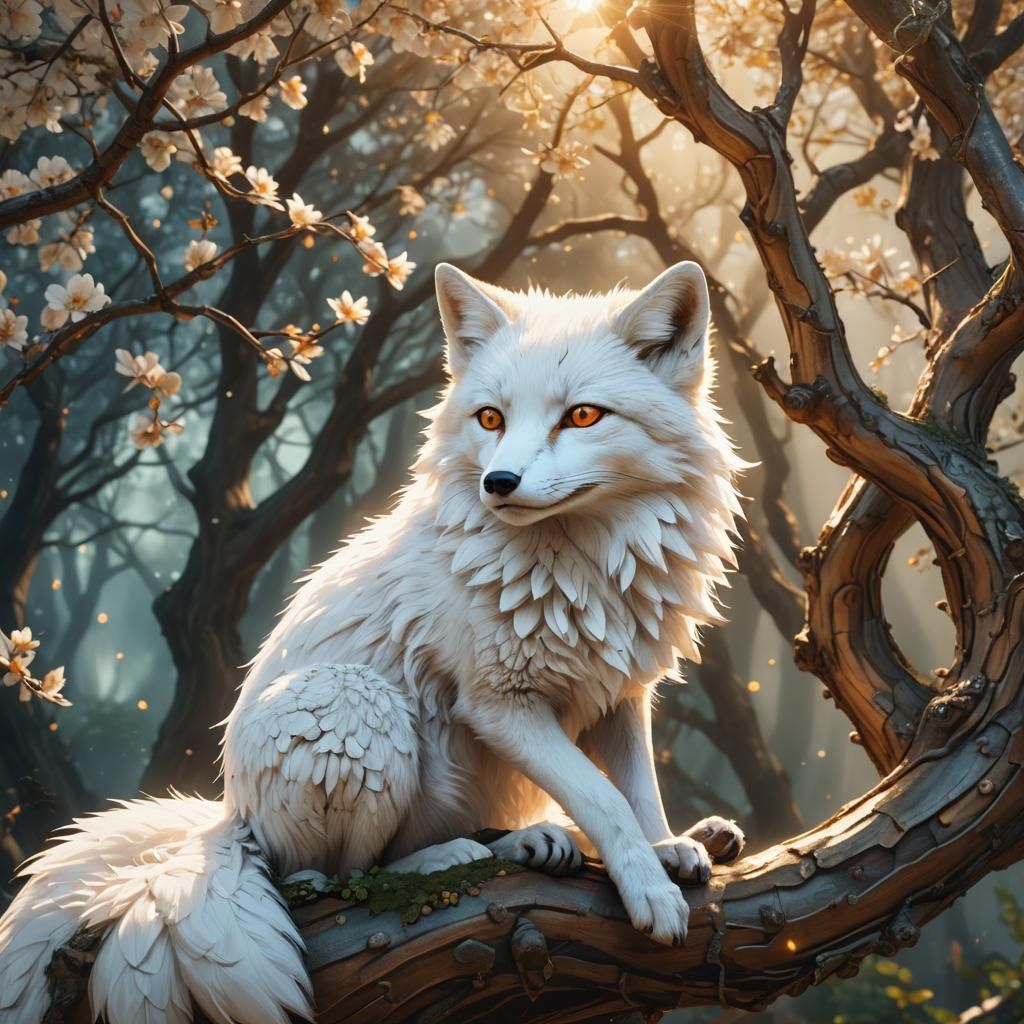 Anime Style White Fox on Ancient Tree