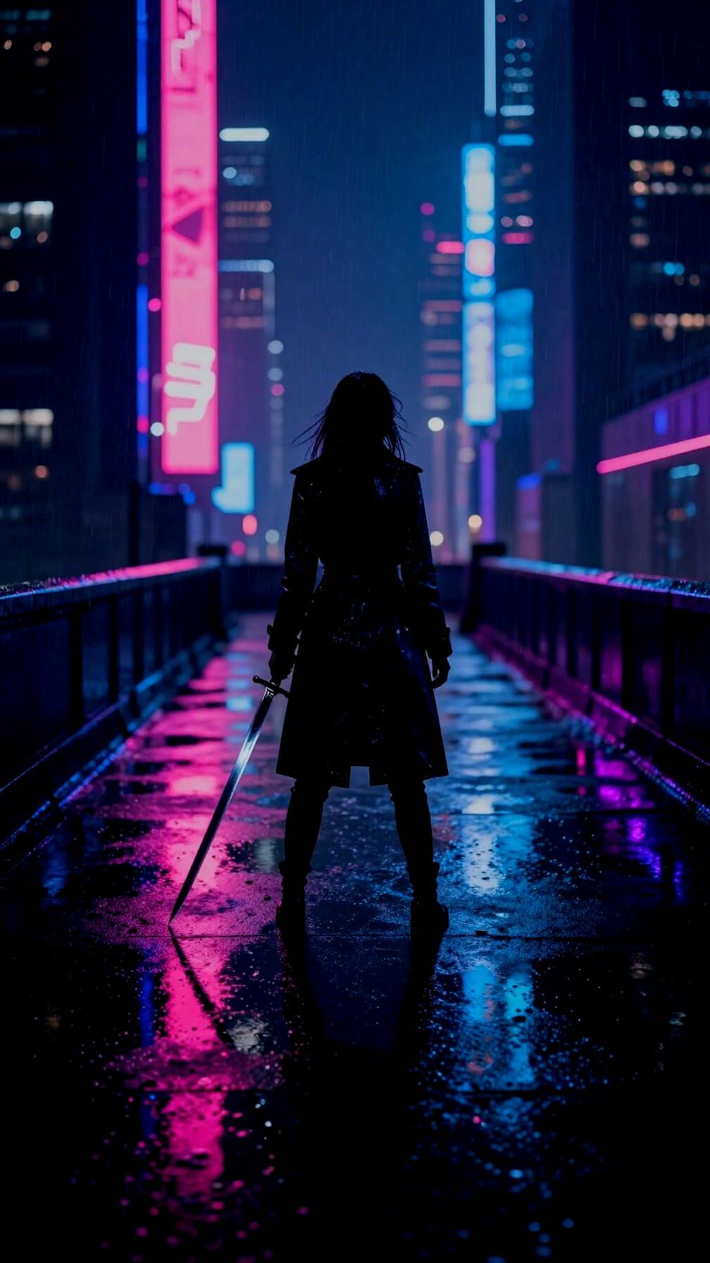 Cyberpunk City Night Scene with Female Silhouette