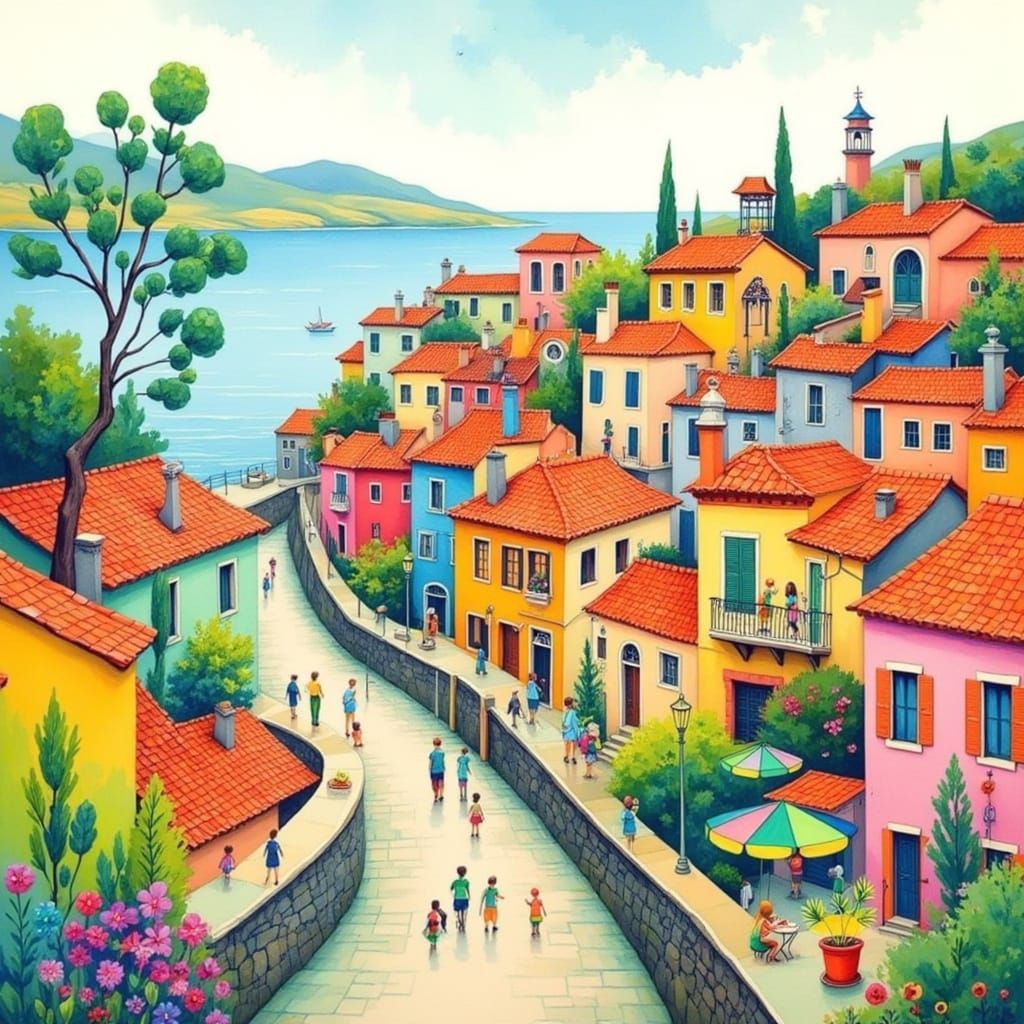 Surreal Coastal Cityscape in Whimsical Art Style