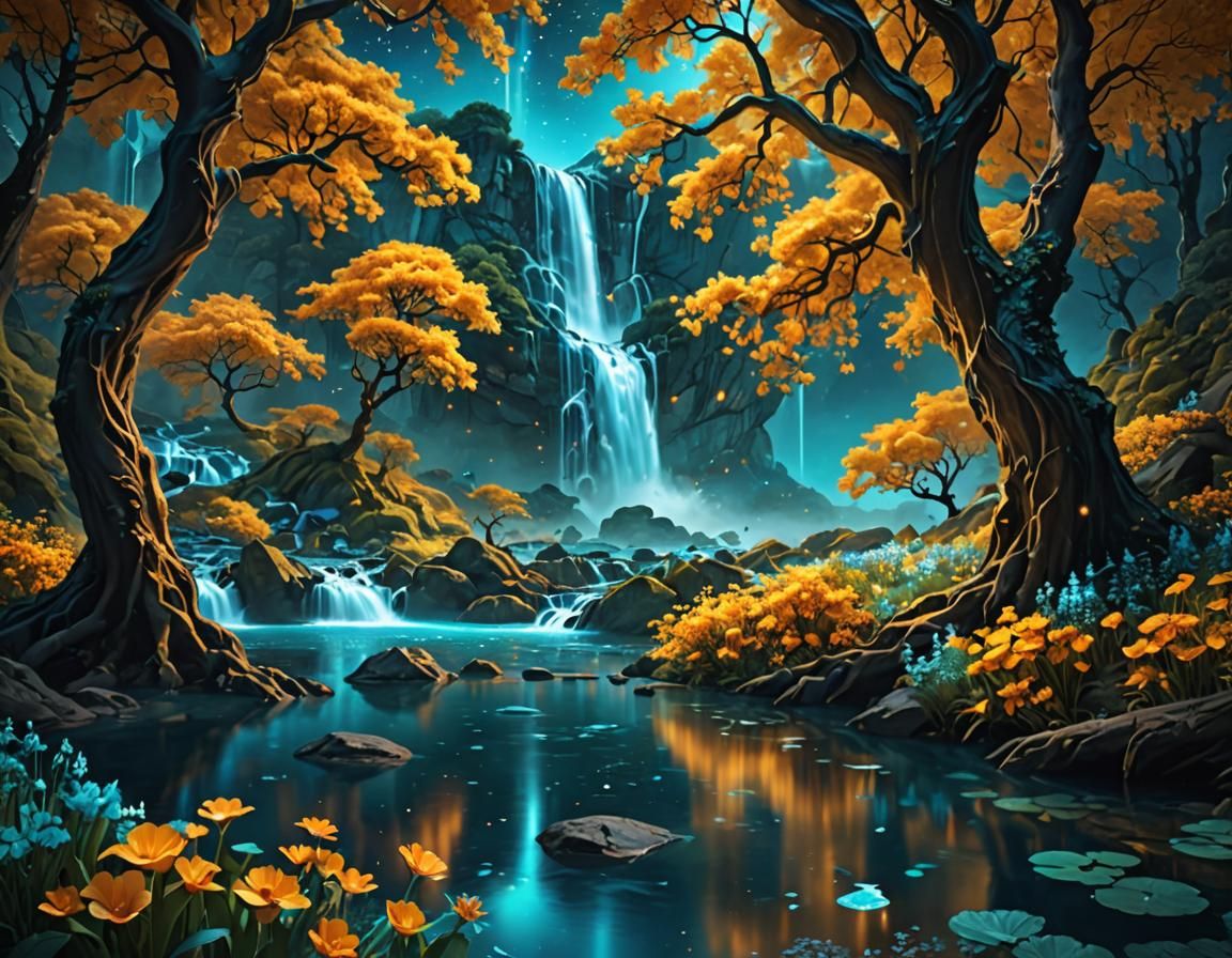 Enchanted Mountain Lake with Amber Flowers