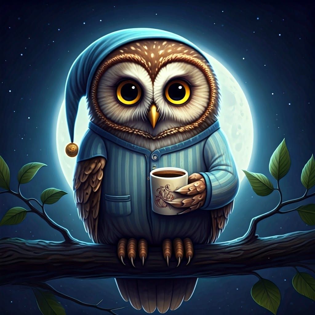 Night Owl in Pajamas Under Moonlight, Fantasy Realism
