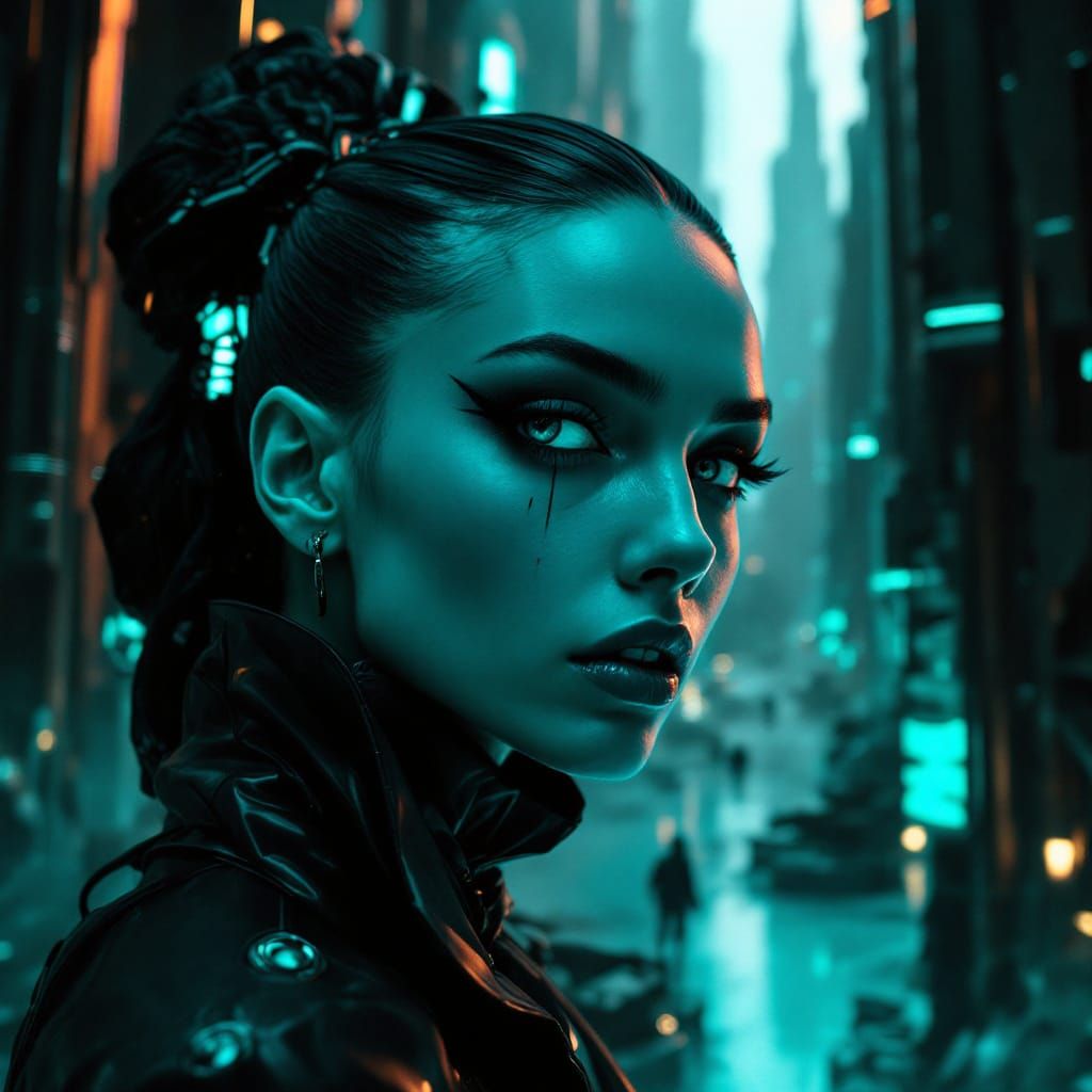Cyberpunk Model Portrait in Bronze and Aquamarine Hues