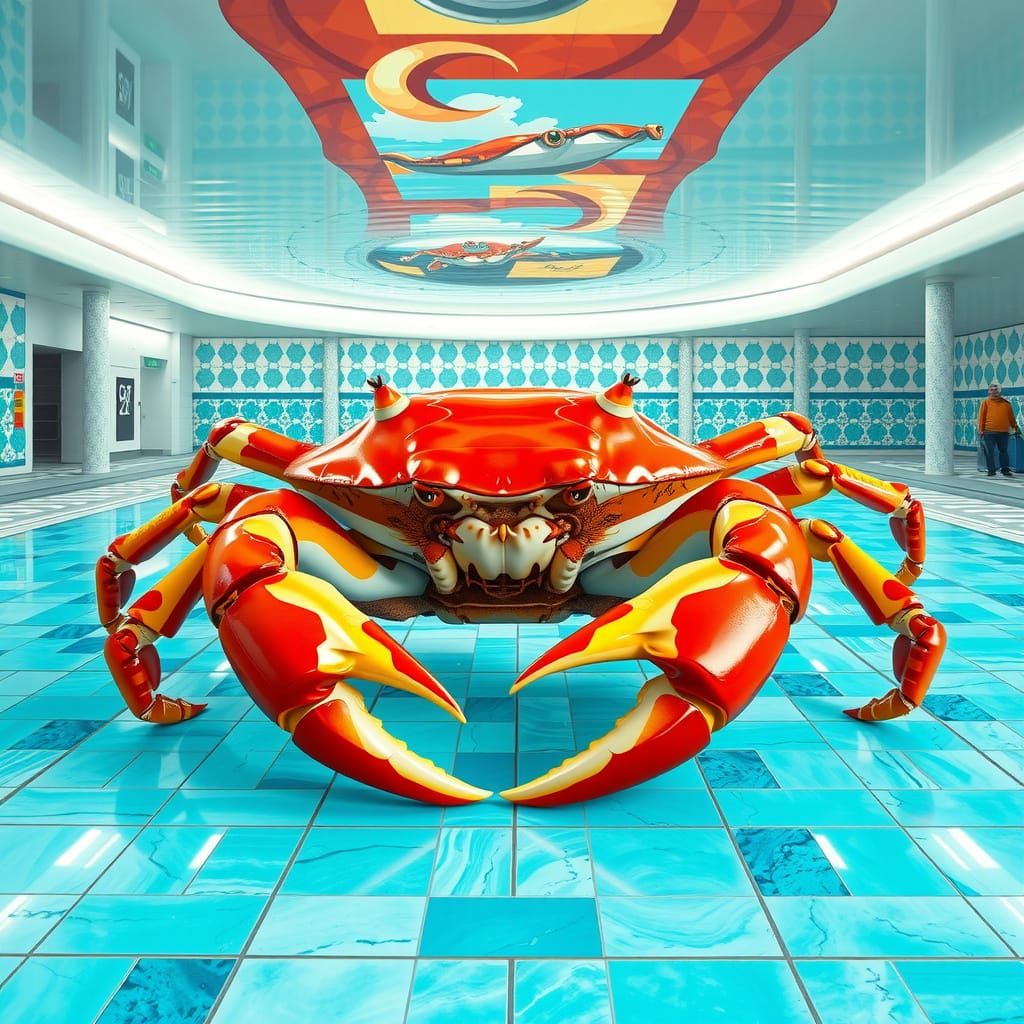 Colossal Ceramic Crab Crawls Across Pool: Pop Art Style