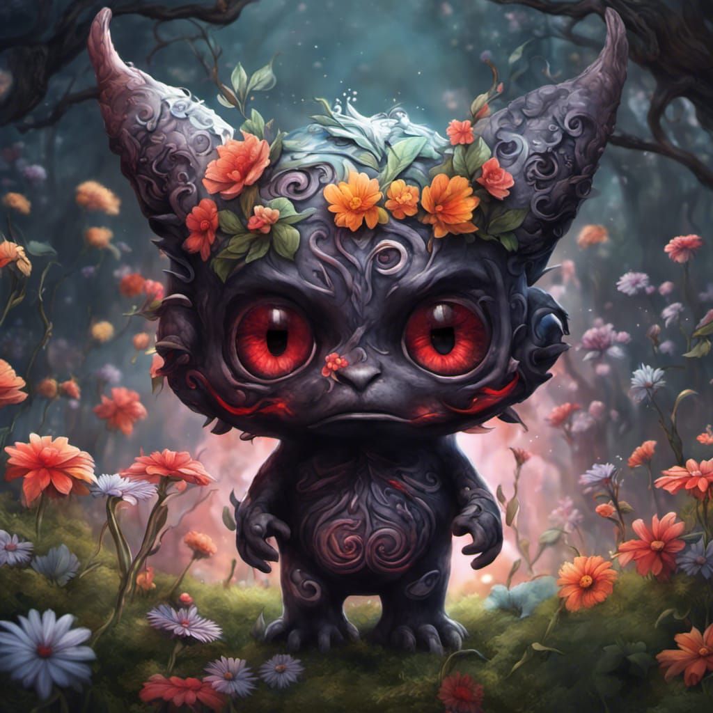 Adorable Chibi Red-Eyed Demon in Colorful Meadow