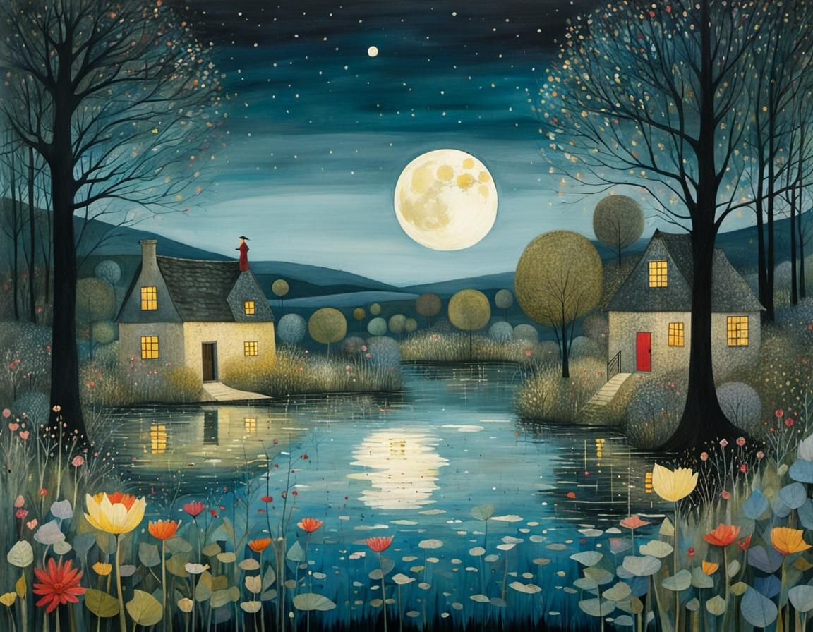 Magical Garden by a Lake Under the Moon
