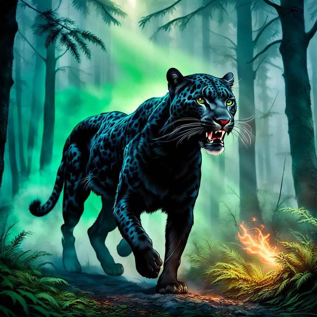 Black Leopard Lunging in Foggy Forest: 3D Digital Art