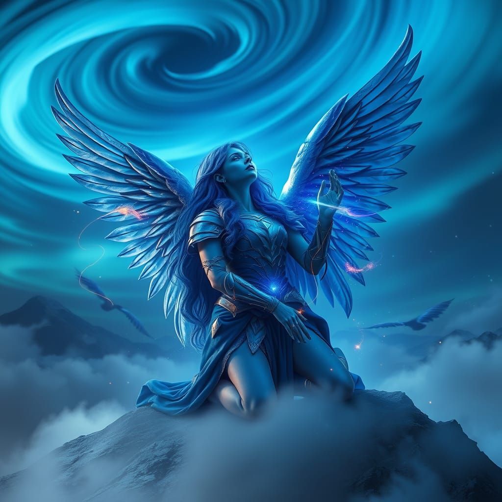Celestial Angel Under Aurora Borealis in Fantasy Style