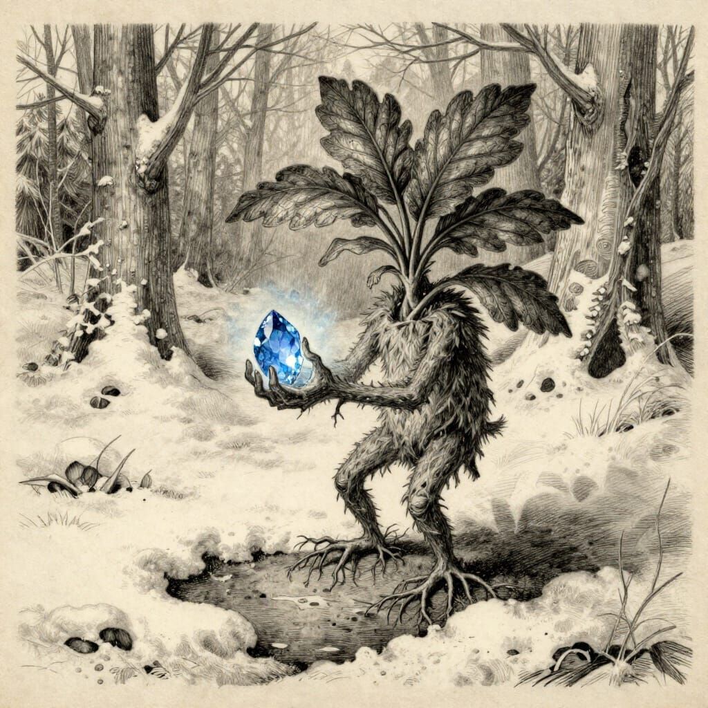 Lost Plant Creature Holds Gem in Melting Winter Forest