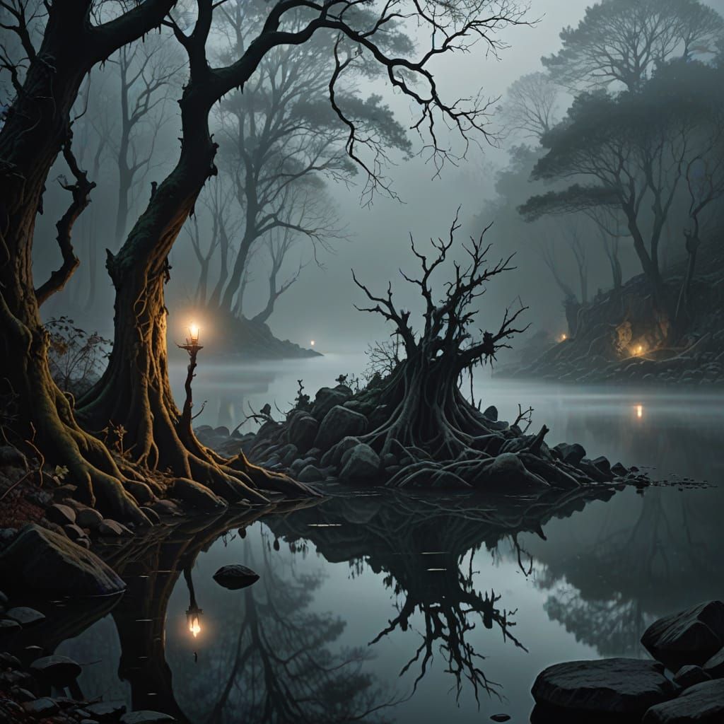 Mystical Birds in an Ominous Grotto Scene
