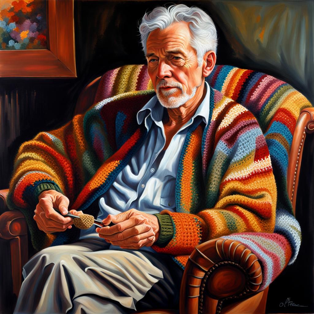 Man Crocheting Afghan: Hyperrealistic Digital Painting