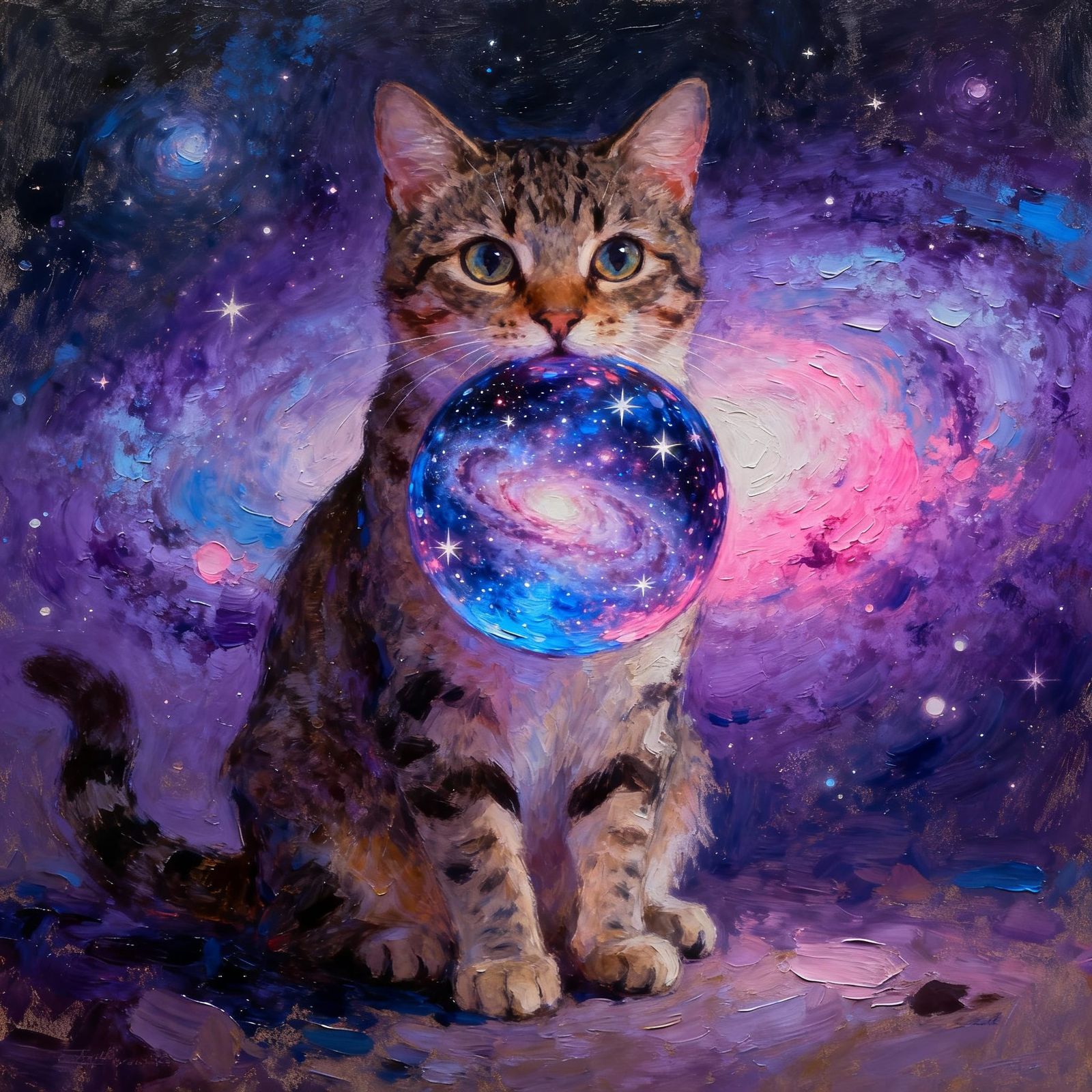Surreal Tabby Cat Holds Galaxy Orb in Painterly Style