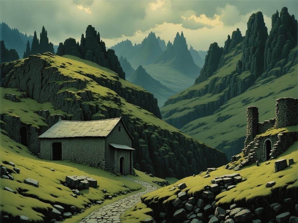 Eerie Scottish Moorlands with Weathered Stone Walls in Gothi...